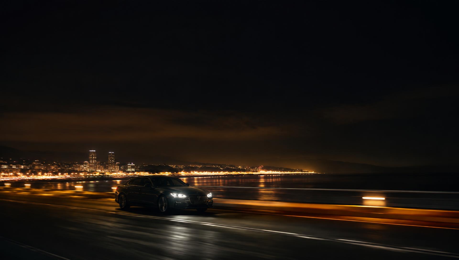 Dark sedan driving along a coastal road at night